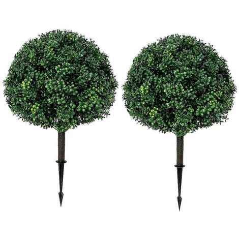 Lot de 2 boules de buis artificielles, résistantes aux UV et munies de piquets.