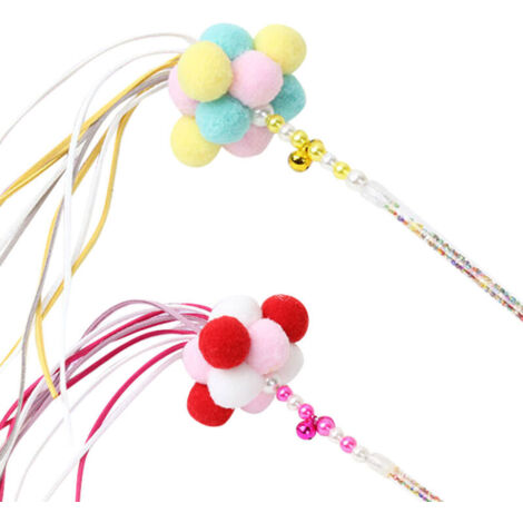 Lot de 2 boules de laine colorées, jouet pour chat avec clochette, franges arc-en-ciel et bâtonnet à mâcher fait main