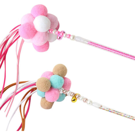 Lot de 2 boules de laine colorées, jouet pour chat avec clochette, franges arc-en-ciel et bâtonnet à mâcher fait main