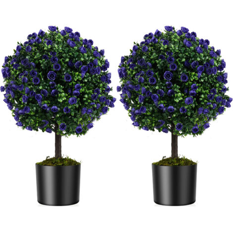 Lot de 2 Boules de Roses Artificielles de 55 cm avec Pot en Ciment, Rosiers Artificiels Violets, Arbustes Artificiels pour Intérieur,Extérieur
