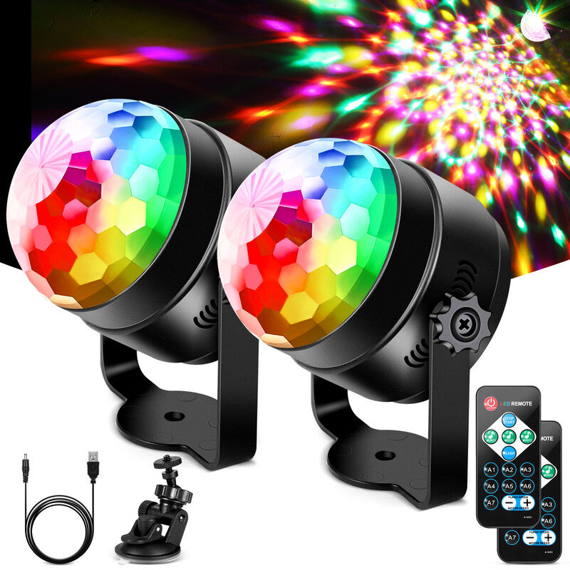 Lot de 2 boules disco led avec commande musicale et télécommande, 7 modes de couleur et rotation à 360° avec câble usb de 4 m, lumière disco pour