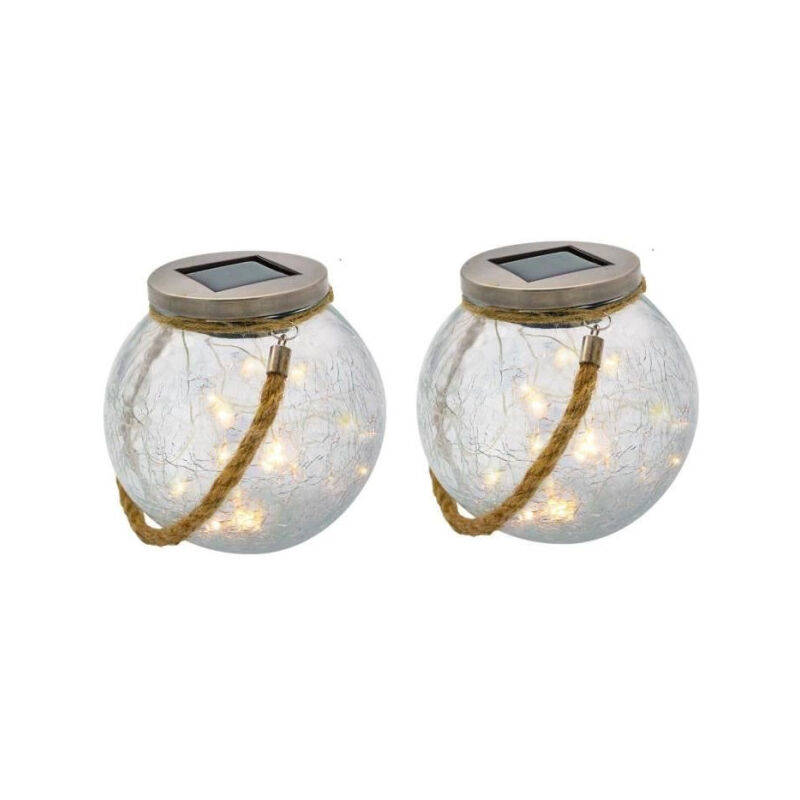Lot de 2 boules solaires Lumisky crack ball cord - H13 cm - Verre craquelé a poser - Poignée corde micro - led blanc chaud