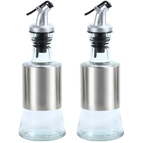 Lot de 2 bouteilles à huile en acier inoxydable, pot à huile en verre anti-fuite pour la cuisine, bouteille à vinaigre et sauce soja à pression, pot à huile spécial, 200 ml.