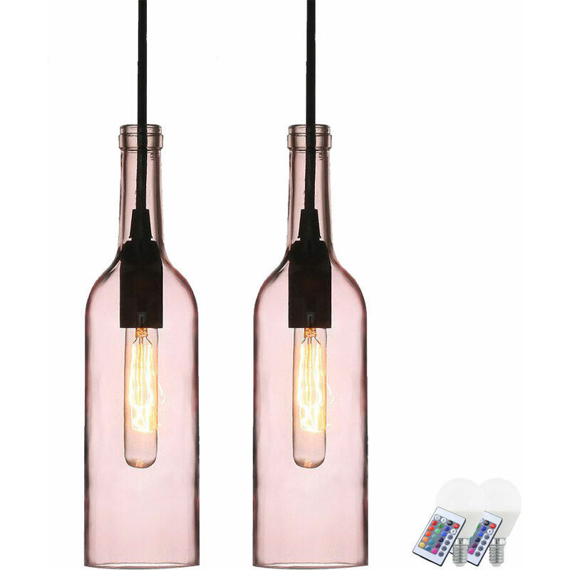 Etc-shop - Lot de 2 bouteilles LED RVB suspensions lampes verre rose variateur télécommande salon plafonniers
