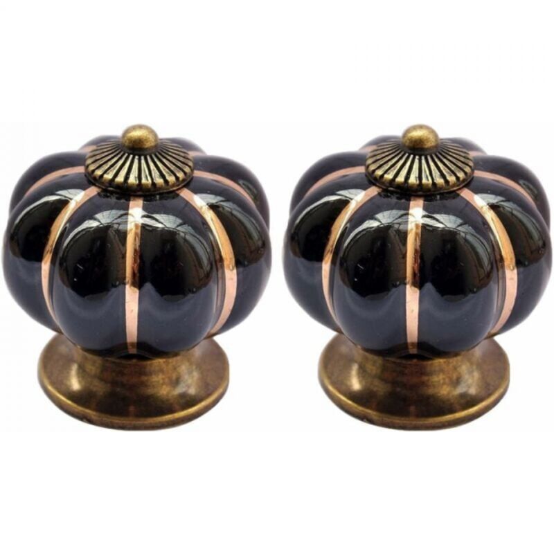 Lot de 2 boutons de meuble en porcelaine noire style vintage en forme de citrouille, boutons de tiroir, boutons d'armoire, poignées d'armoire
