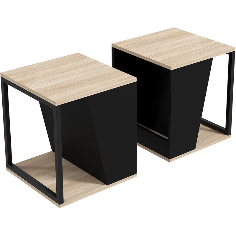 Lot de 2 tables basses bouts de canapé guéridons design acier noir panneaux noir aspect chêne clair