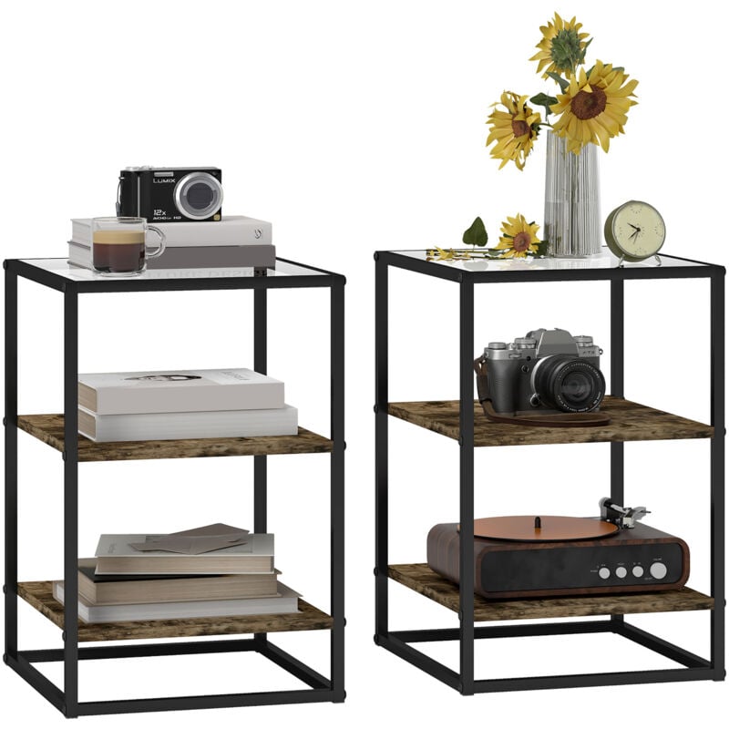Lot de 2 bouts de canapés tables basses d'appoint design 2 étagères plateau verre trempé