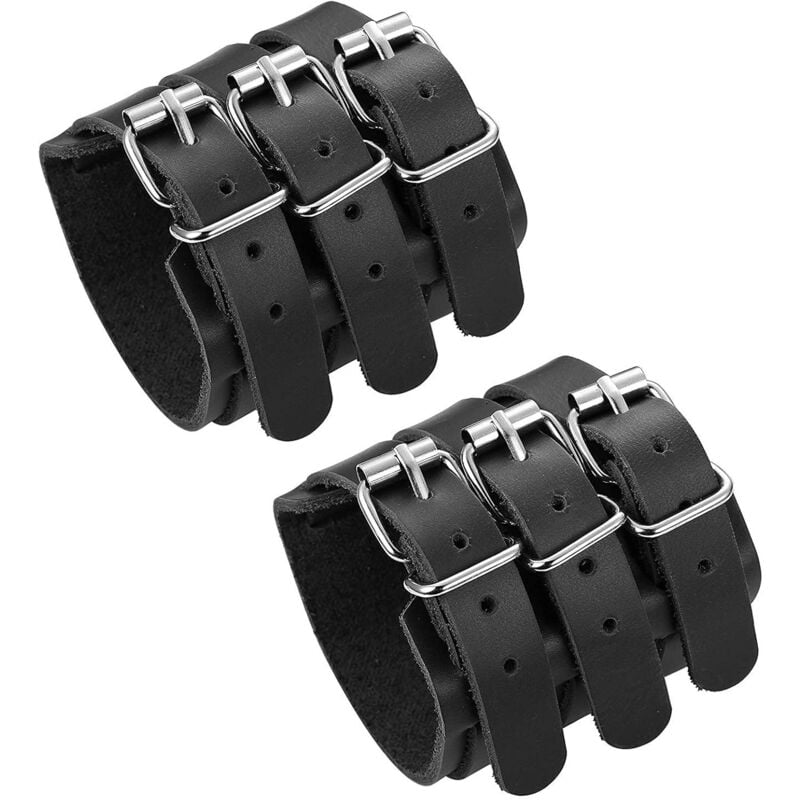 Fei Yu - Lot de 2 bracelets en cuir véritable pour homme et femme, triple largeur, manchette, gants longs, fermeture à boucle, noir/marron