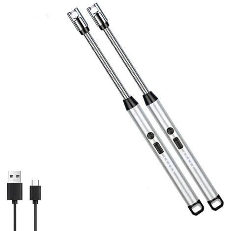 Lot de 2 briquets électriques coupe-vent sans flamme avec col flexible à 360° et affichage LED pour foyers de camping et barbecues, argent.