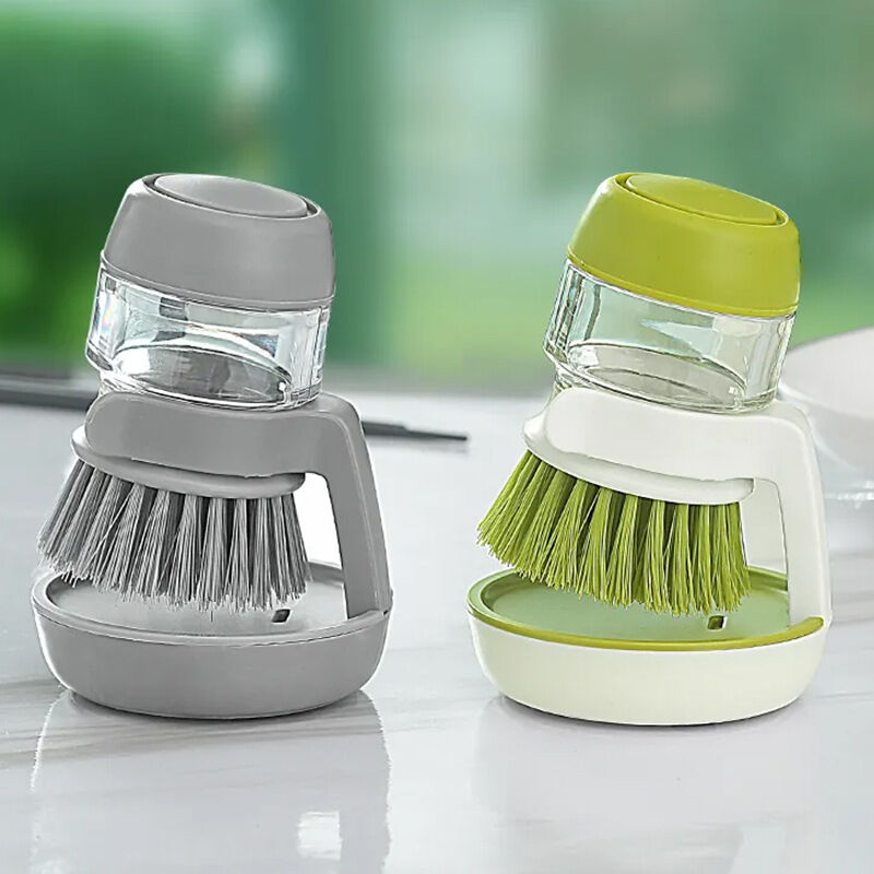 Coocheer - Lot de 2 brosses à vaisselle avec distributeur de liquide vaisselle rechargeable et support de rangement, gris, vert