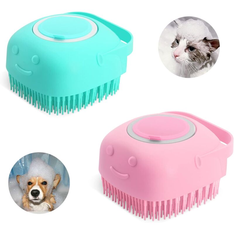 Lot de 2 brosses de bain pour chien en caoutchouc - Brosse de massage en silicone avec distributeur de shampoing - Brosses de shampooing pour chien