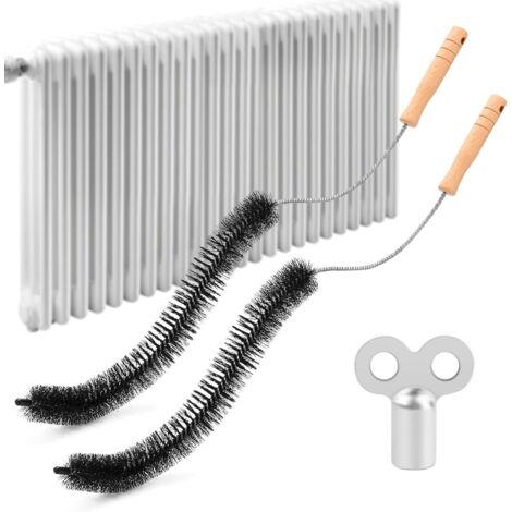 Lot de 2 brosses de nettoyage pour radiateur avec clé de purge - Longueur : 70 cm - En nylon - Brosse chauffante avec manche en bois pour un nettoyage flexible