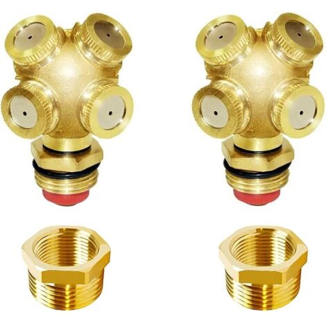 Lot de 2 buses de pulvérisation en laiton de 1,9 cm, mâles à 4 trous, connecteur d'irrigation pour arrosage, têtes de brumisateur avec filtre en maille