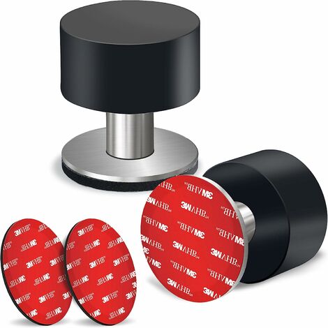 Lot de 2 butées de porte avec autocollants supplémentaires, butée de porte autocollante avec caoutchouc noir et amp Corps en acier inoxydable - Pare-chocs de porte insonorisants robustes pour la maiso