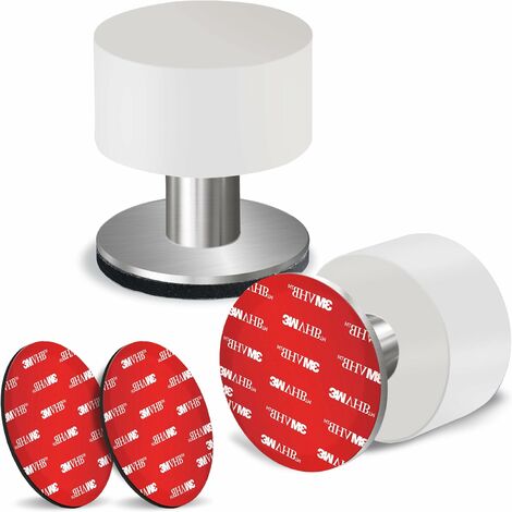 Lot de 2 butées de porte avec autocollants supplémentaires, butée de porte autocollante avec corps en caoutchouc blanc et acier inoxydable – Pare-chocs de porte insonorisants très résistants pour la m