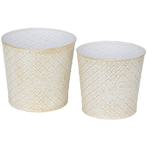 Lot de 2 Cache-pots en fer blanc patine mordorée et motifs floraux - Atmosphera