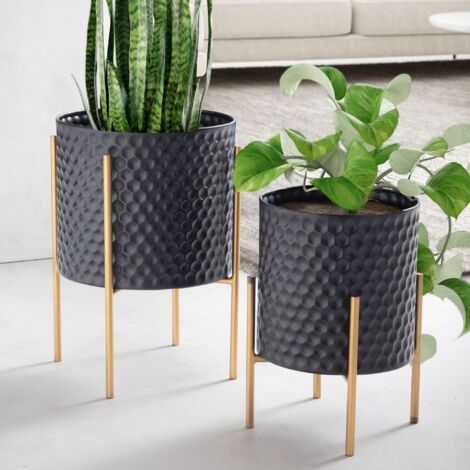 Lot de 2 cache-pots ronds 30 et 24 cm en fer noir et doré