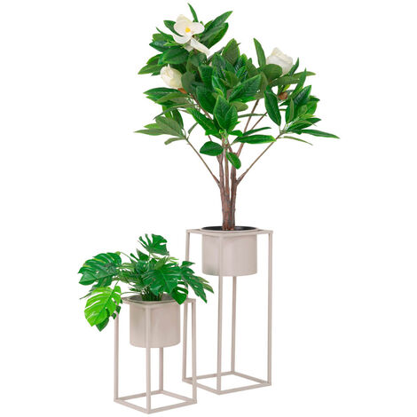 Lot de 2 cache-pots sur pied 17 et 19,5 cm en métal beige