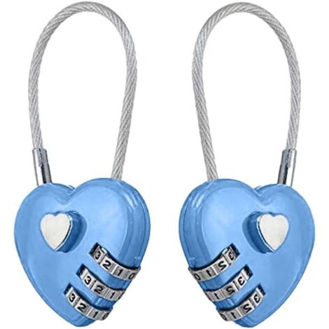 Lot de 2 cadenas à combinaison – Cadenas portable en forme de cœur pour sacs à dos, bagages et boîtes à bijoux (bleu)