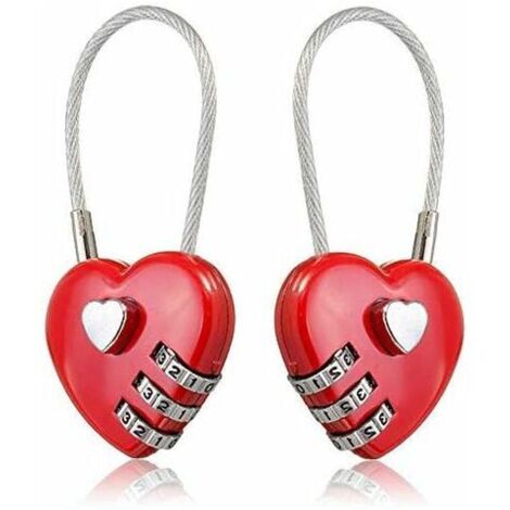 Lot de 2 cadenas à combinaison – Cadenas portable en forme de cœur pour sacs à dos, bagages et boîtes à bijoux (rouge)