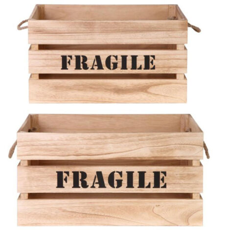 Lot de 2 Cagettes Déco "Fragile" 54cm Naturel
