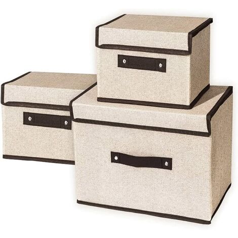 Lot de 2 Caisse de Rangement en Tissu avec Couvercles, Boîte de Rangement Pliables en Tissu avec Poignée, Cube de Rangement pour Vêtement, Décoration, Jouets, Blanc Cassé