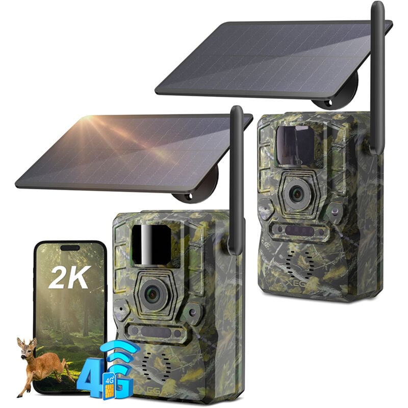 Xega - Lot de 2 Caméra de chasse 4G solaire 2K avec carte sim, détection pir, batterie autonome, gps intégré, alertes instantanées, accès à distance
