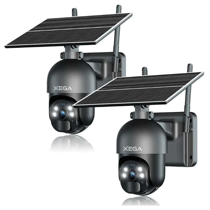Lot de 2 Caméra de sécurité Xega 3G/4G LTE extérieure sans Fil à énergie Solaire, inclinable à 355°/95°,2K capteur de Mouvement PIR, Vision Nocturne,