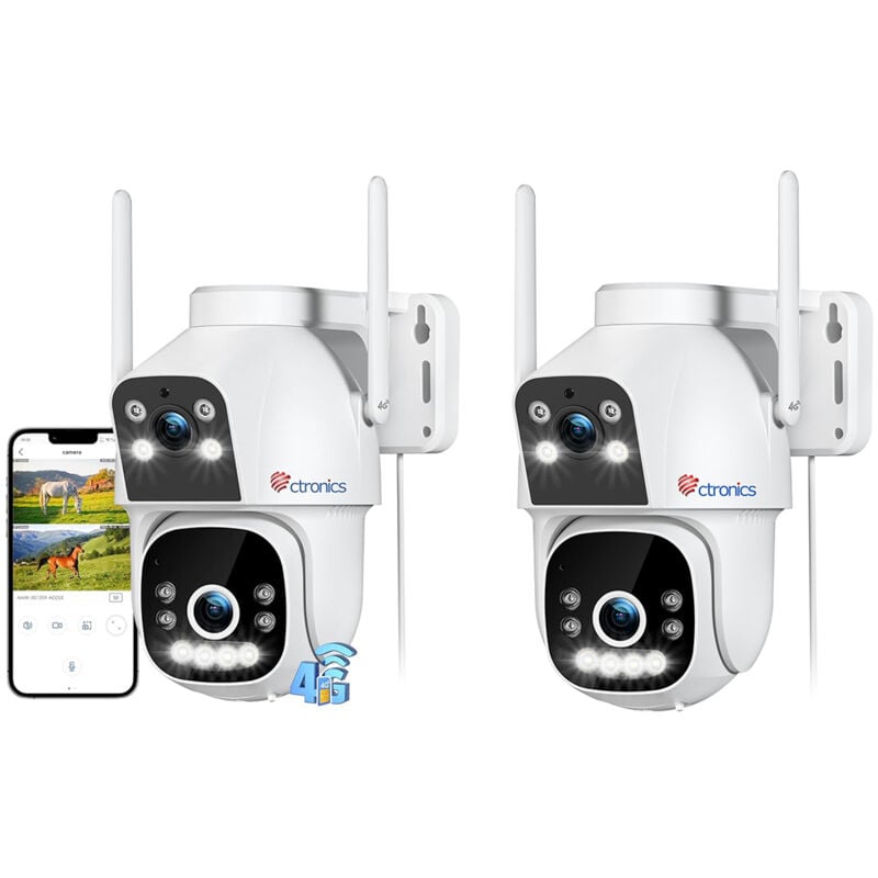 Ctronics - Lot de 2 Caméra de Surveillance 4G lte Double Objectif, Détection Humain, Suivi Auto, Vision Nocturne Couleur, Audio Bidirectionnel