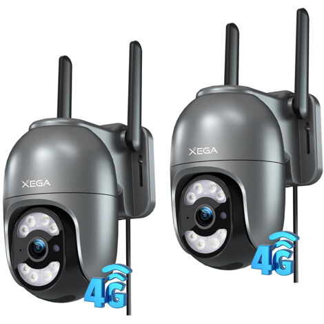 Lot de 2 Caméra de surveillance 4G LTE Xega avec carte SIM – 2K HD, détection humaine et mouvement, suivi automatique, projecteur LED et alarme sonore