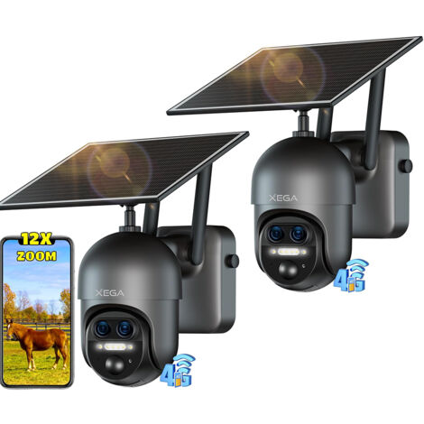 Lot de 2 Caméra de surveillance 4G solaire Xega, Zoom hybride 12×, double objectif 2K PTZ, détection humaine AI/PIR, vision nocturne couleur 30 m, batterie 10400 mAh