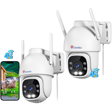 Lot de 2 Caméra de Surveillance Ctronics 3G/4G LTE Extérieure avec Carte Sim, 360° PTZ， Détection Humaine Suivi Auto Vision Nocturne Couleur 30M