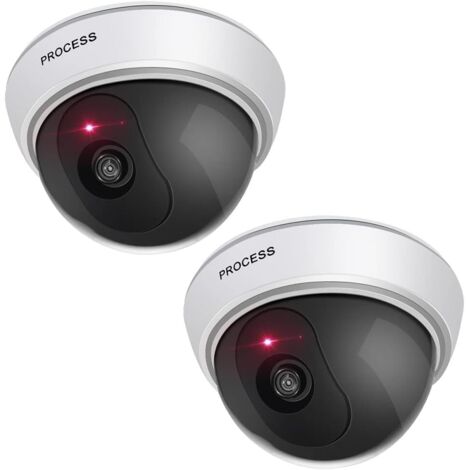 Lot de 2 Caméra Factice Extérieur & Intérieur, Fausse Caméra Surveillance Dôme avec Lumière LED Rouge Clignotante & CCTV Autocollants, pour Mur et Plafond (Blanc)