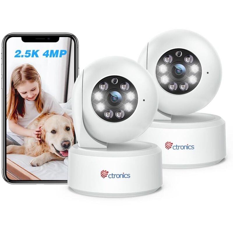 Ctronics - Lot de 2 Caméra Surveillance 4MP Intérieure 2,4/5Ghz wifi, Vision Nocturne Couleur 20m, ptz 355°/ 120°, Détection Humaine/Mouvement &