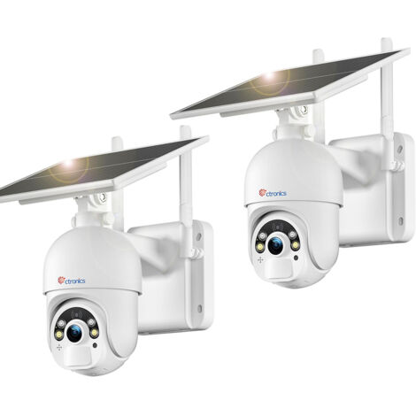 Lot de 2 Caméra Surveillance 5MP Ctronics Panneau Solaire 6W Alarme Sonore&Lumineuse Contrôle à Distance PC/Téléphone Vision Nocturne Couleur Détection Humaine Blanc