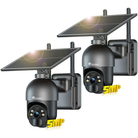 Lot de 2 Caméra Surveillance 5MP Ctronics Panneau Solaire 6W Alarme Sonore&Lumineuse Contrôle à Distance PC/Téléphone Vision Nocturne Couleur Détection Humaine Noir