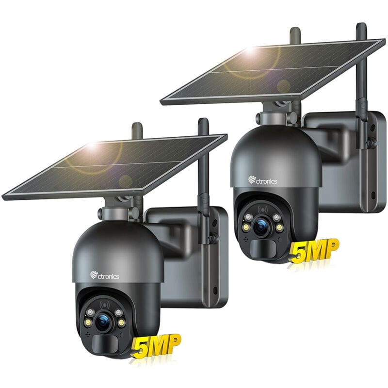 Ctronics - Lot de 2 Caméra Surveillance 5MP Panneau Solaire 6W Alarme Sonore&Lumineuse Contrôle à Distance PC/Téléphone Vision Nocturne Couleur
