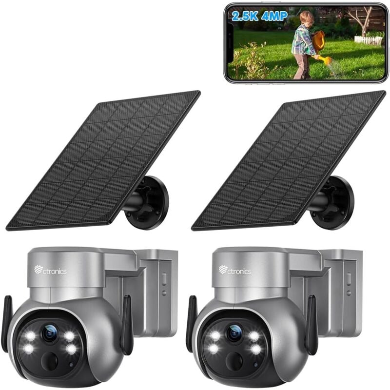 Lot de 2 Caméra Surveillance Ctronics 2,5K 4MP WiFi Extérieur sans Fil, Batterie et Panneau Solaire, Détection Humaine pir, Vision Nocturne Couleur,