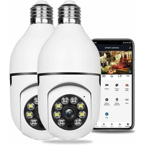 Lot de 2 caméras de sécurité sans fil WiFi ampoule caméra, caméra de surveillance dôme HD vision nocturne caméra de prise de lumière, connecteur panoramique extérieur 1080p 360 degrés caméra sans fil