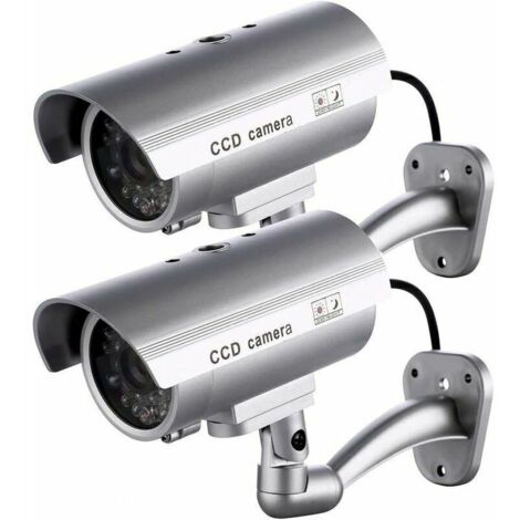Lot de 2 caméras factices, caméras extérieures factices pour utilisation intérieure ou extérieure, avec forme de balle et LED clignotante, RTGPT (Argent),