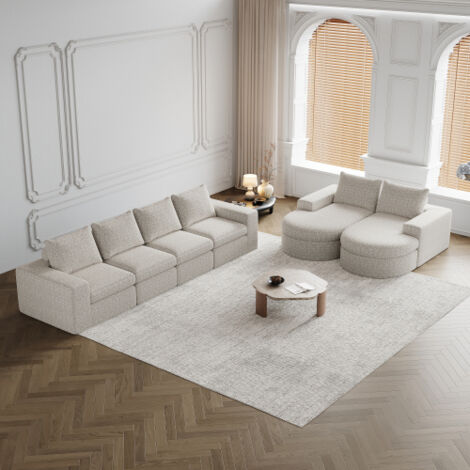 Lot de 2 canapé 3 places, canapé d'angle en L avec 3 coussins, éléments courbes, sans cadre, en chenille, beige
