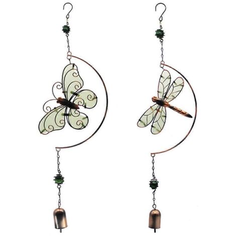 Lot de 2 carillons à vent lumineux en métal pour intérieur et extérieur, décorés de papillons et de libellules, à suspendre aux rideaux ou fenêtres.
