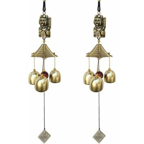 Lot de 2 carillons éoliens porte-bonheur décoration vintage cloches porte-bonheur chat suspendu pour l'école, le dîner pub, la réception, le jardin, marron, 9 x 6 x 6