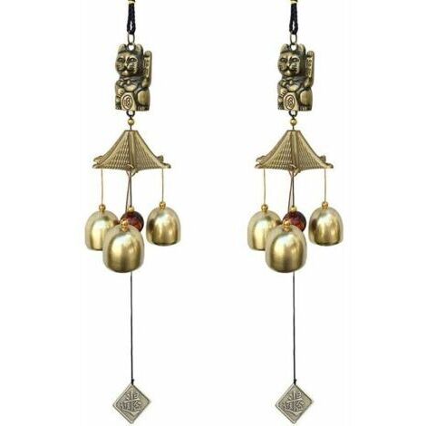Lot de 2 carillons éoliens porte-bonheur décoration vintage cloches porte-bonheur chat suspendu pour l'école, le dîner pub, la réception, le jardin, marron, 9 x 6 x 6