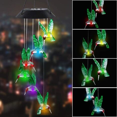 Lot de 2 carillons éoliens solaires Colibri, couleur changeante mobile LED carillon éolien solaire extérieur mobile suspendu patio lumière, porche, terrasse, décor de jardin