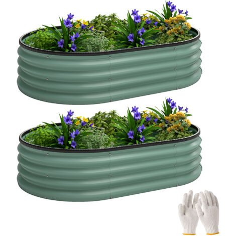 Lot de 2 Carrés potagers de jardin, 135 x 90 x 30 cm, jardinière en acier galvanisé avec bordures en caoutchouc, vert