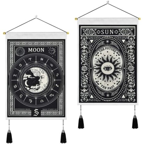 Lot de 2 cartes de tarot petite tapisserie avec glands, tenture murale psychédélique de divination médiévale, tapisserie d'art mural mystérieux abstrait lune et soleil pour chambre, 35x50 cm