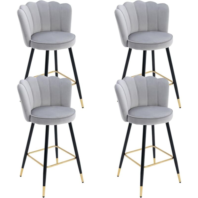 Lot de 4 Tabouret de Bar en Velours Chaise de Bar Velours avec Pieds en Métal Tabourets Hauts pour îlot de Cuisine et Bar, Gris