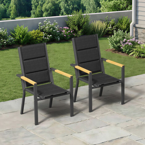 lot de 2 Chaise de Jardin Empilable, Fauteuil en Aluminium avec Accoudoirs Imitation Bois, Tissu Textilène et éponge à Séchage Rapide, Dossier Surélevé, Respirante et Confortable, Gris