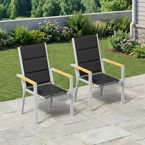 lot de 2 Chaise de Jardin Empilable, Fauteuil en Aluminium avec Accoudoirs Imitation Bois, Tissu Textilène et éponge à Séchage Rapide, Dossier Surélevé, Respirante et Confortable, Gris Clair